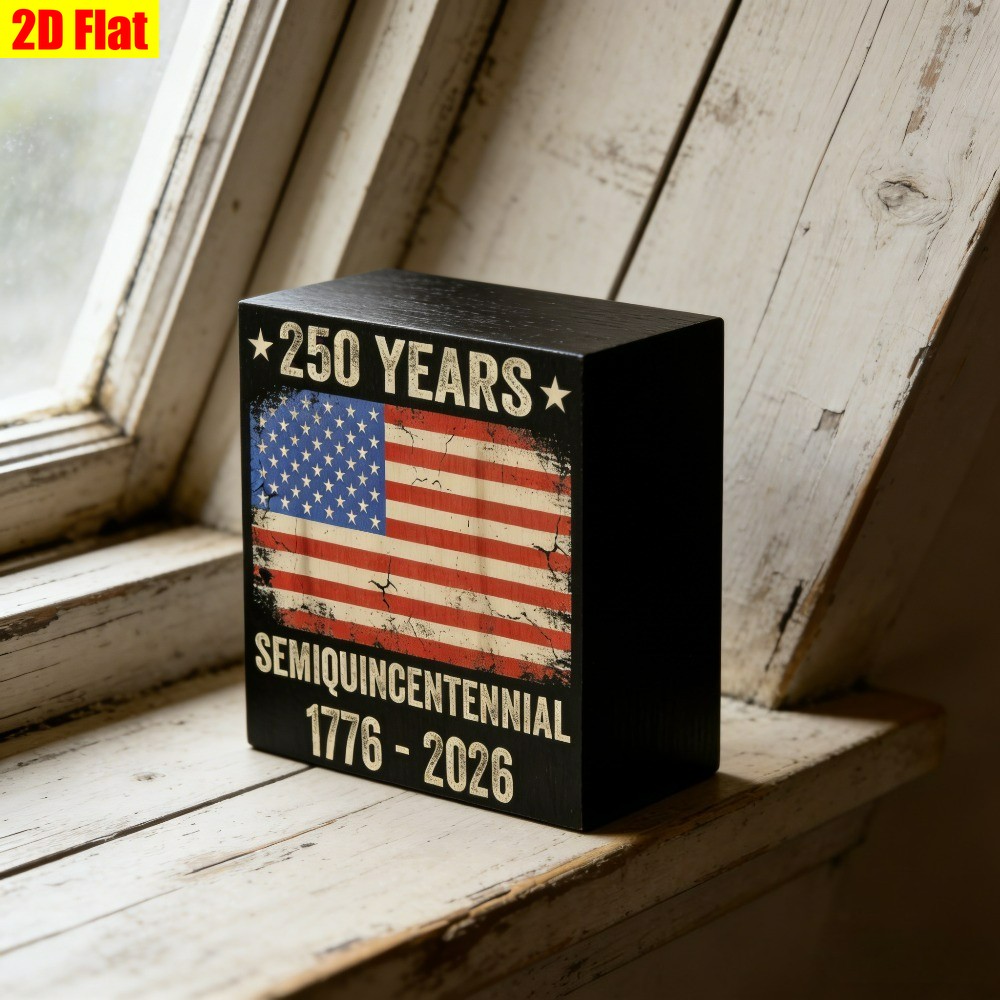 America 250th Independence Day Wooden Box Sign Vintage Flag Desktop Shelf Decor