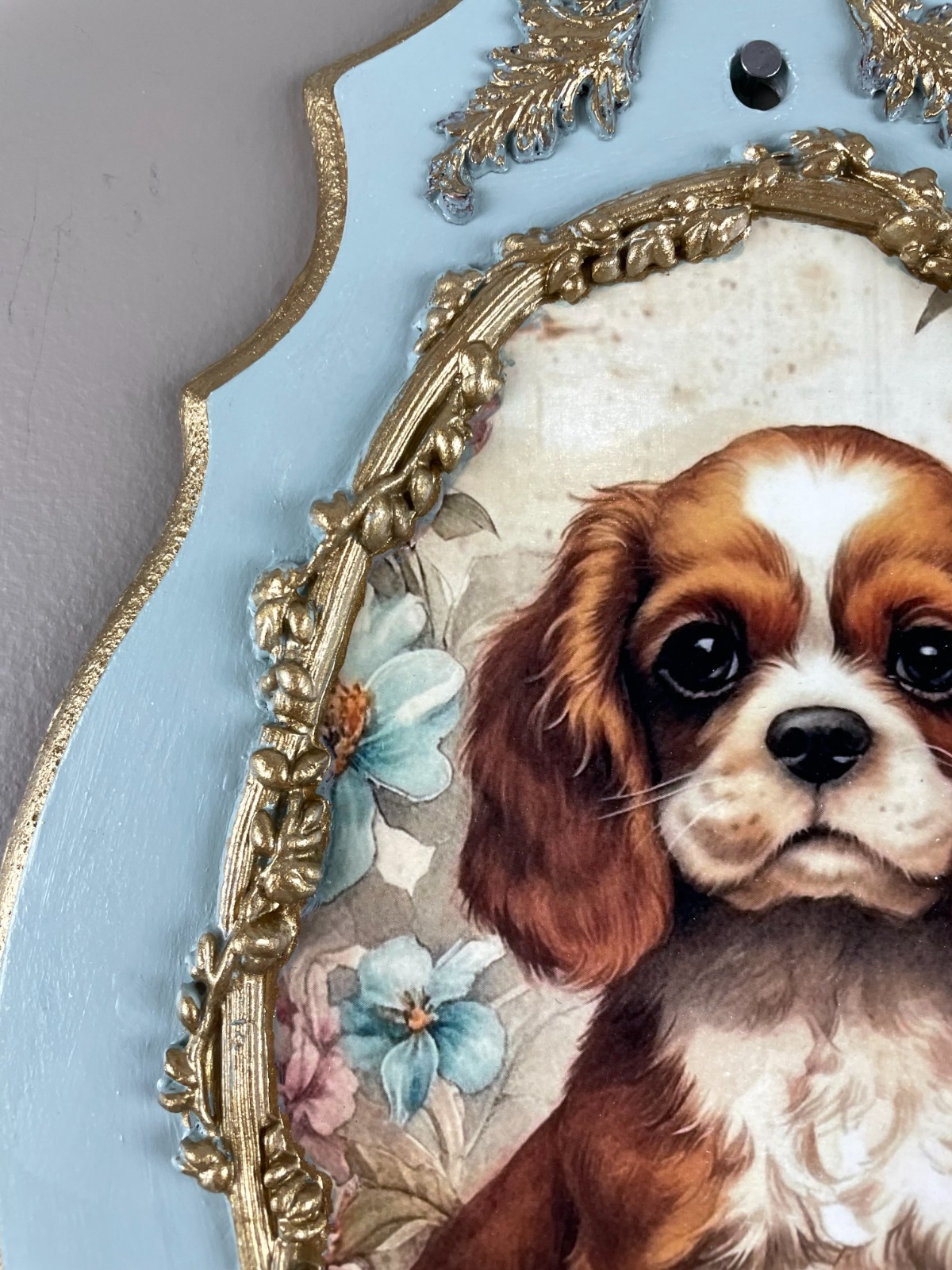 Sweet Cavalier Puppy Plaque, 8×14 Baroque Ornate Panel, Shabby Chic Wall Decor