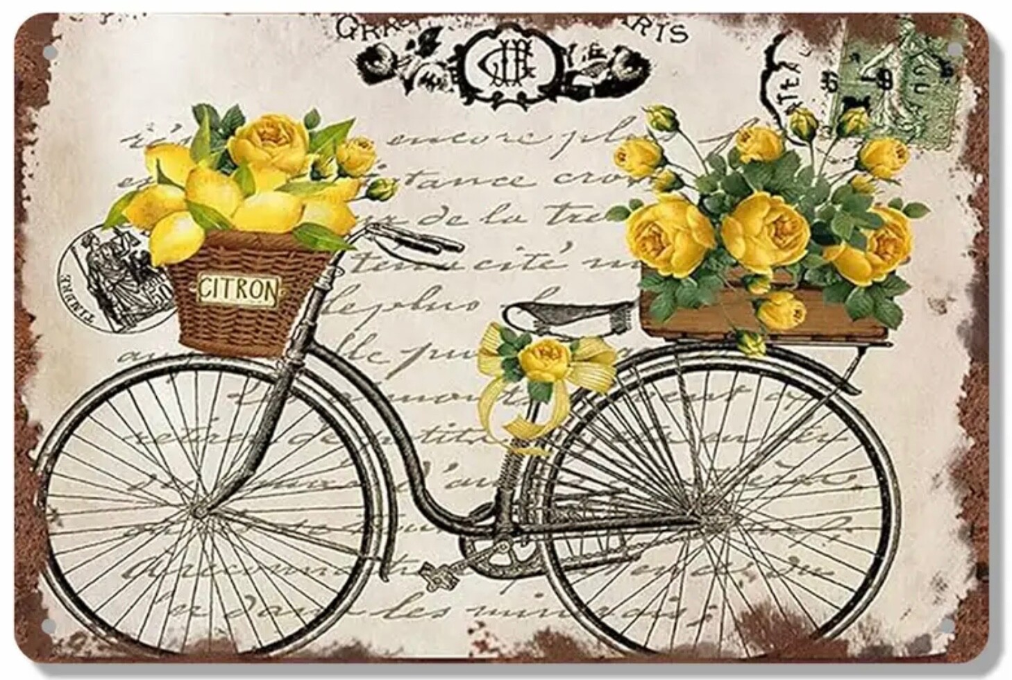 French Country Metal Sign LEMONS, ROSES AND BICYCLE 8 x 12