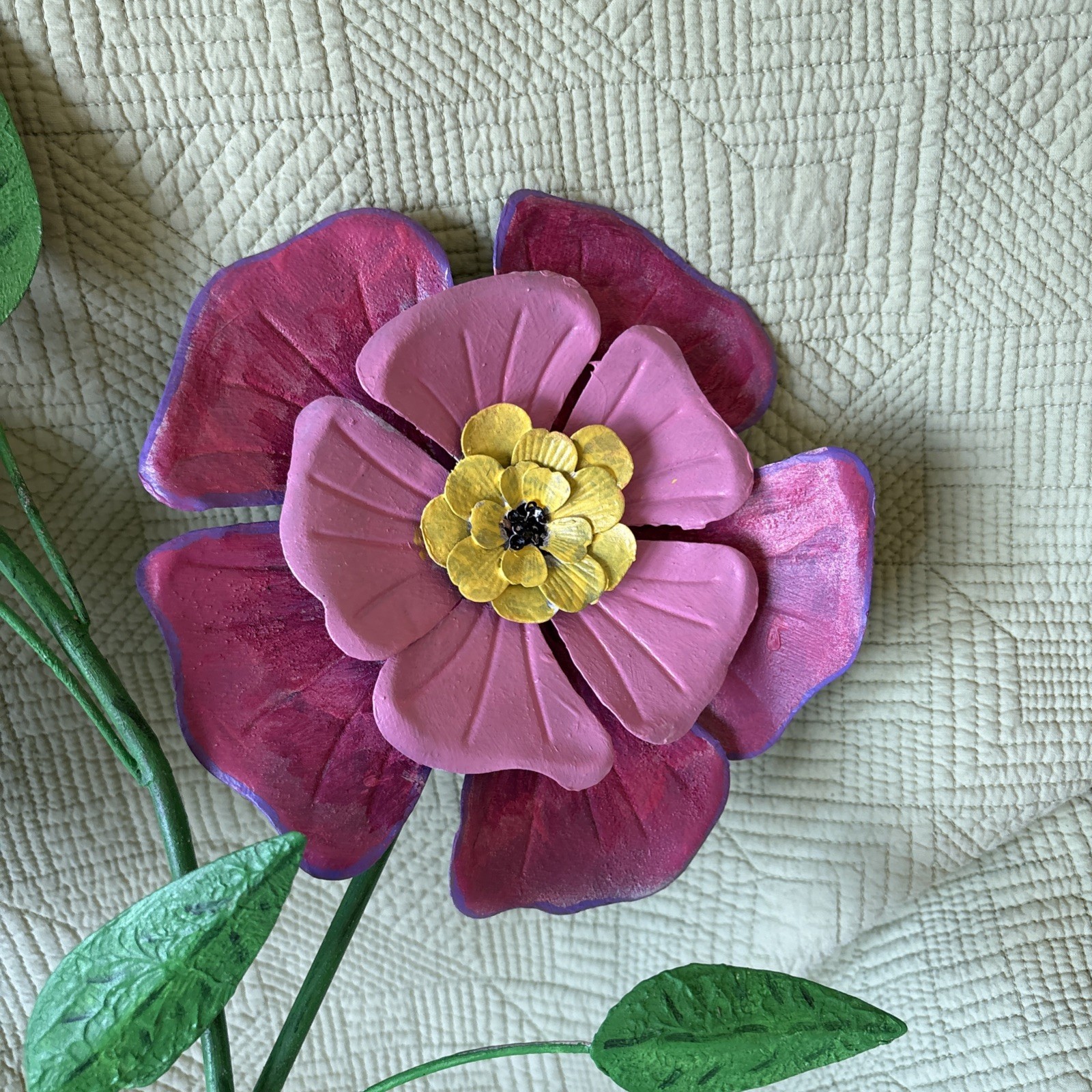 3 Large Pink Metal Flowers Wall Hanging In/Outdoor 26” Tall Flowers 8” Diameter