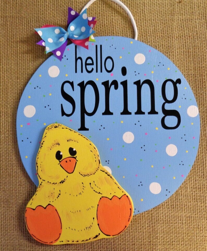 HELLO SPRING Yellow Chick Sign Wood Plaque Hand Crafted Door Blue Circle