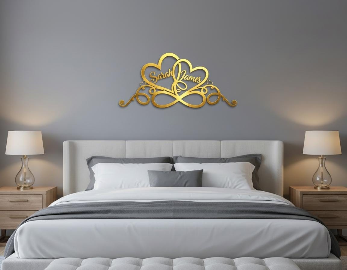 Personalized Metal Wall Art Decor Gold Heart Sign Custom Names Gift For Couples