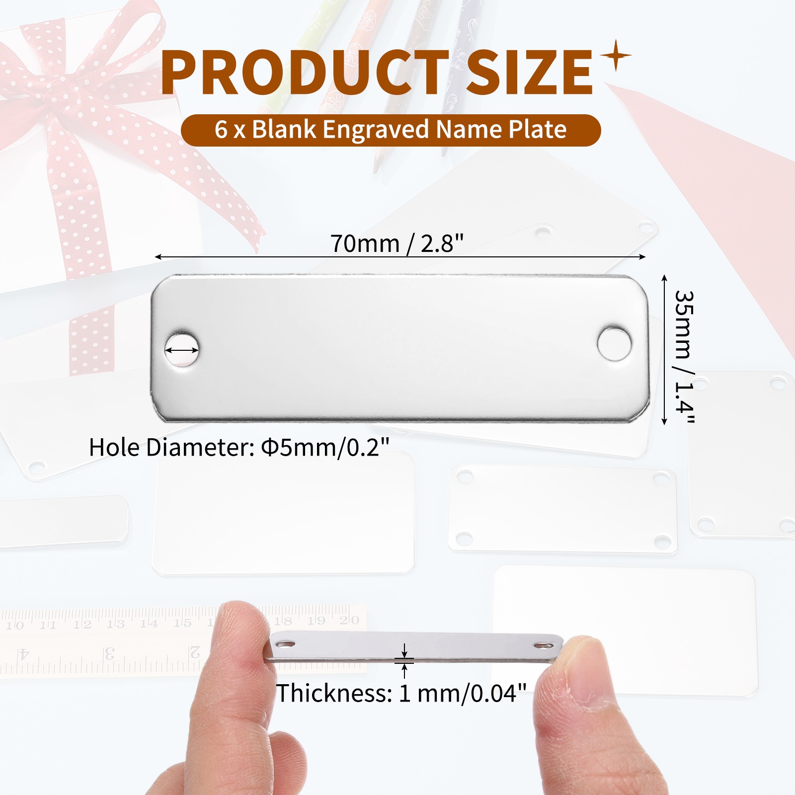 6Pcs Blank Name Plates, 2.8 x 1.4″ Mirror Engraved Plate with 4 Holes, Silver