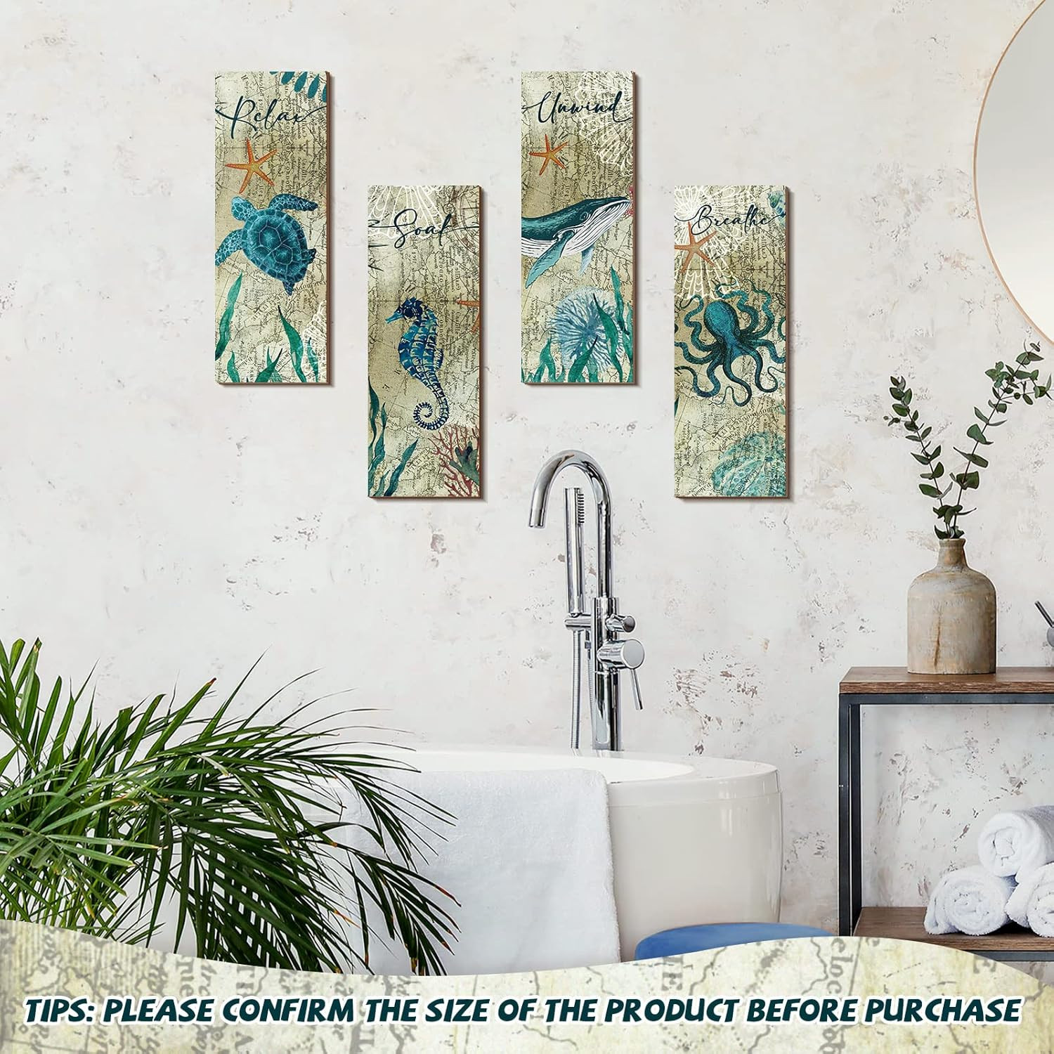 4 Pieces Beach Bathroom Decor Wall Sign Ocean Decor Sea Turtle Wall Art Nautical