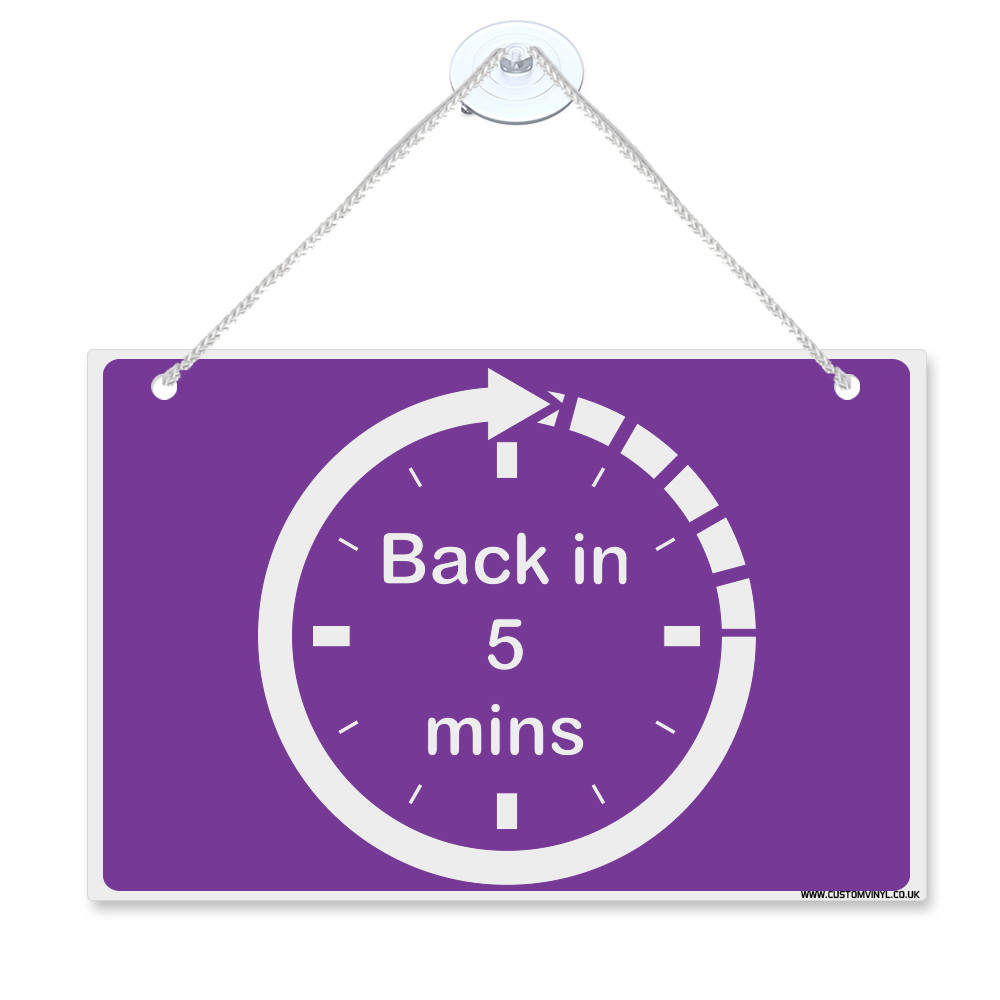 Back in 5 mins clock hanging plastic sign with nylon rope+suction cups