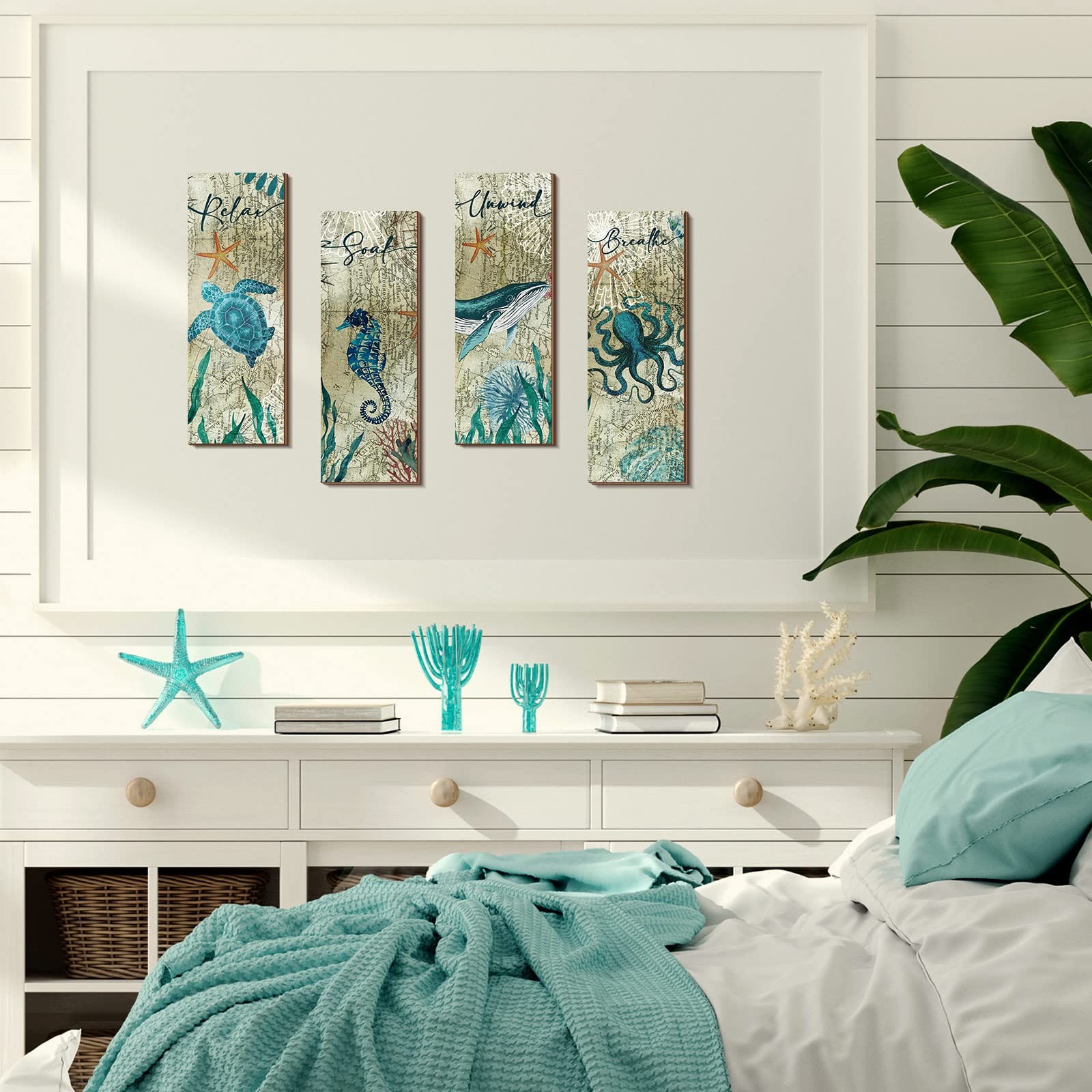 Qunclay 4 Pieces Beach Bathroom Decor Wall Sign Ocean Decor Sea Turtle Wall Art