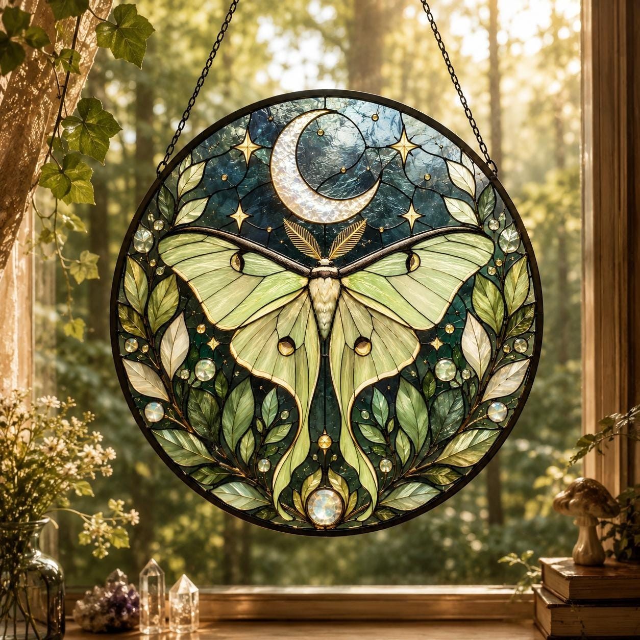 Luna Moth Stained Glass Suncatcher, Celestial Moon Window Hanging