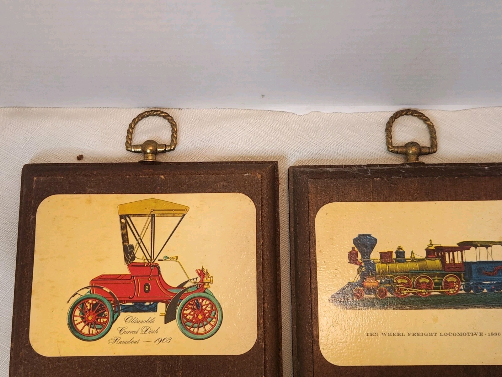 Set Of 2 Vintage 1960s Cars Trains Transportation Wood Wall Plaques Lacquered
