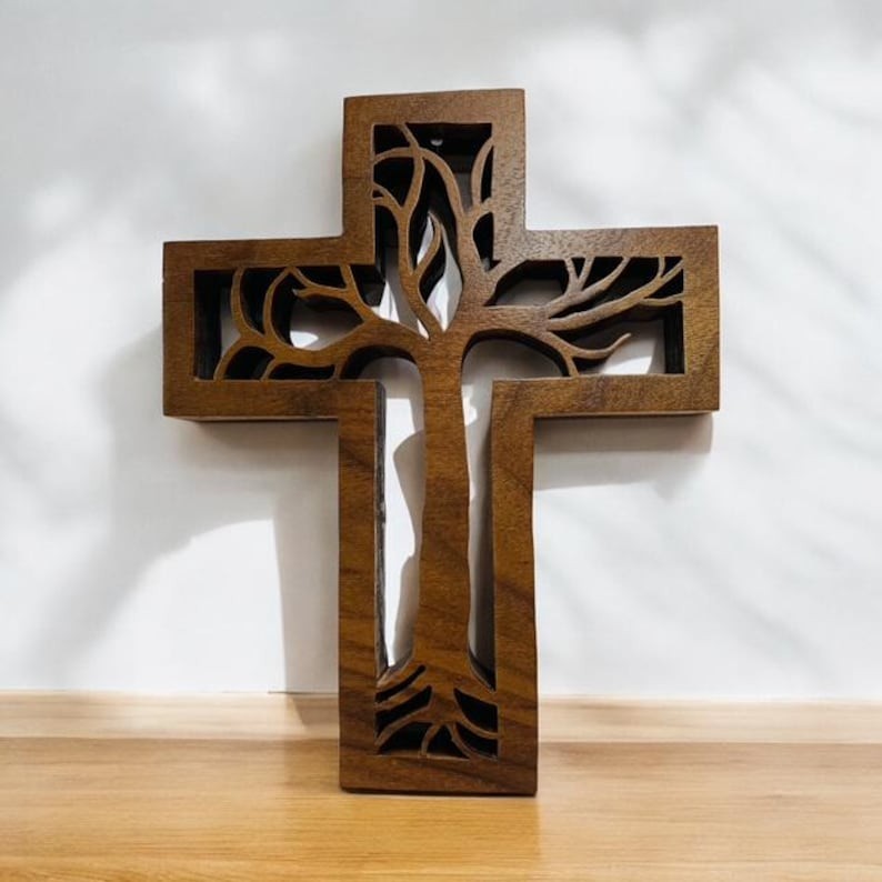 Handmade Tree of Life Cross: Walnut or Cherry Wood, Wall or Table Decor