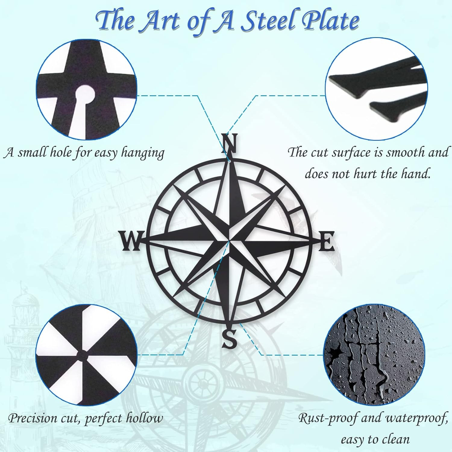 Black Metal Decorative Nautical Compass Wall Décor, Ocean Theme Wall Hanging Art