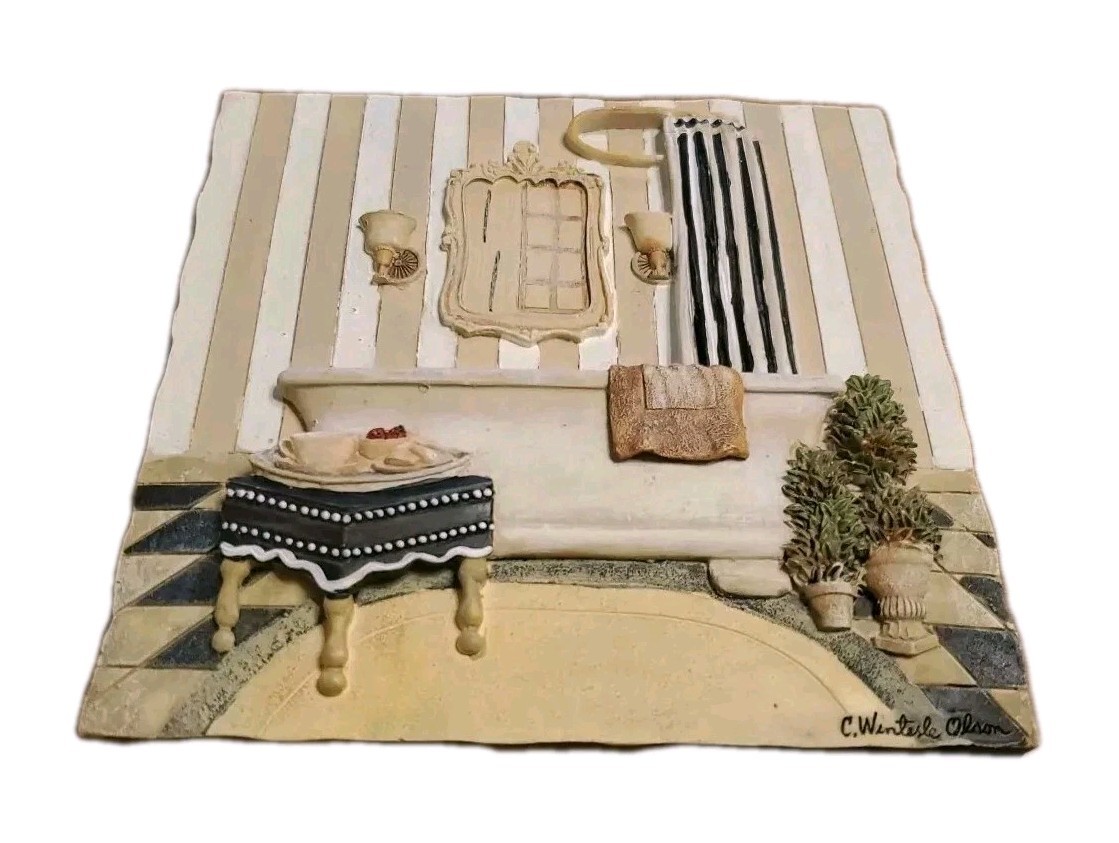 C Winterle Olson Signed 3D Wall Art Tile Bathtub Floral Plants 5.25inx5.5in