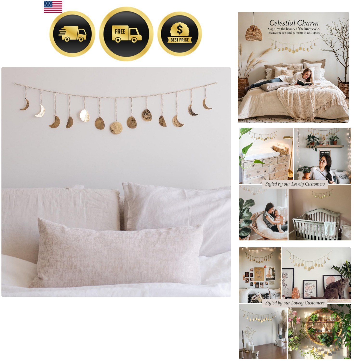 Moon Phase Wall Decor, Celestial Décor, Moon Décor & Boho Wall Décor, Gold Wa…