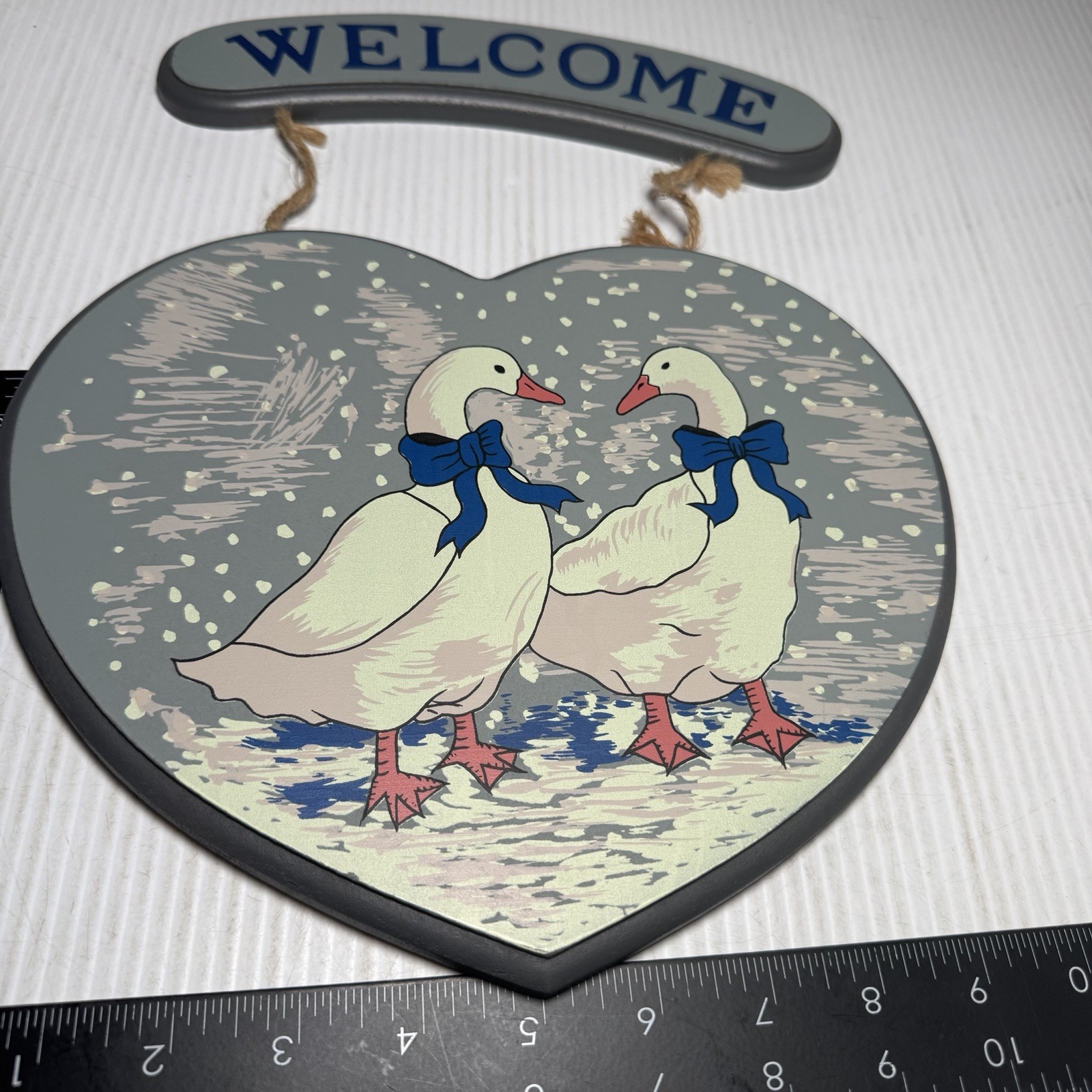 Vtg Wooden Heart Shaped Geese Goose Duck Hanging Blue W/box