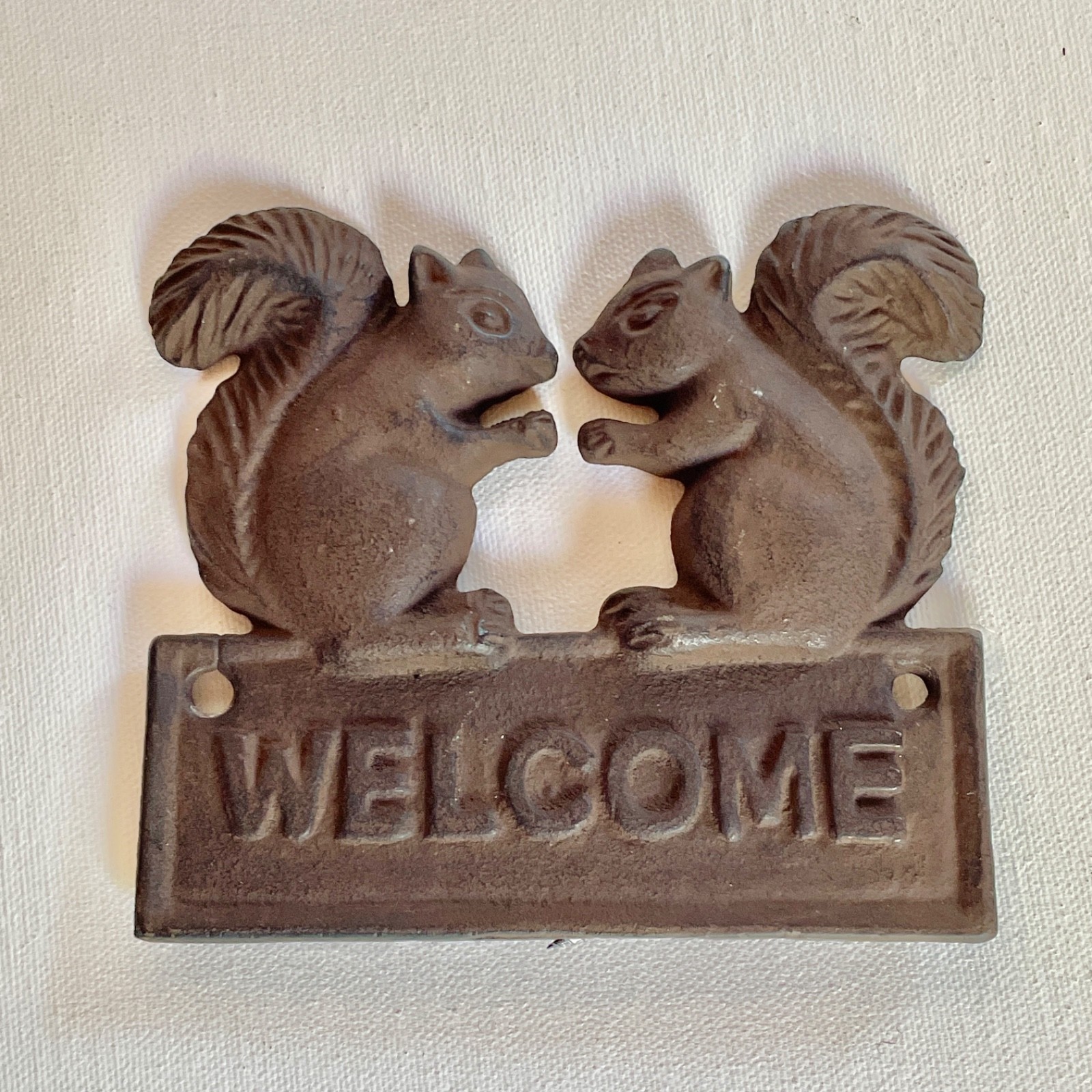 5″ Metal Welcome Plaque Sign facing Squirrels patina Surface w 2 Screws Cottage