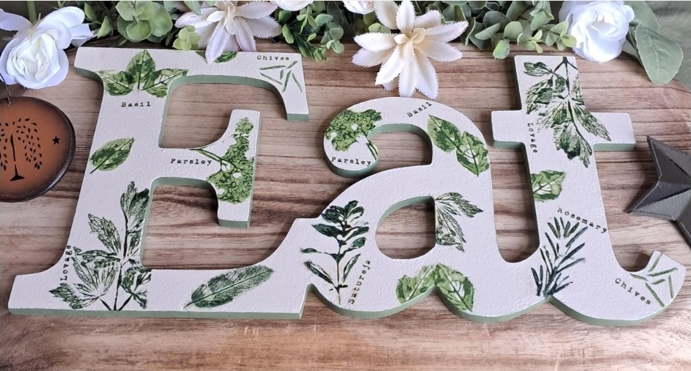 Wood “Eat” Wall Sign, White/Green Botanical, Farmhouse Hanging Kitchen Decor