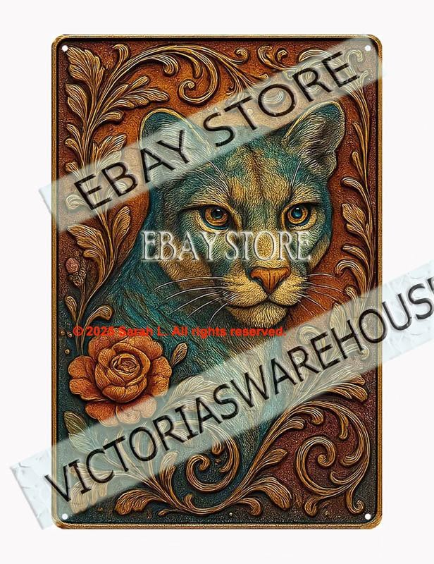 Cougar Floral Portrait Tin Sign Jungle Wildlife Wall Art