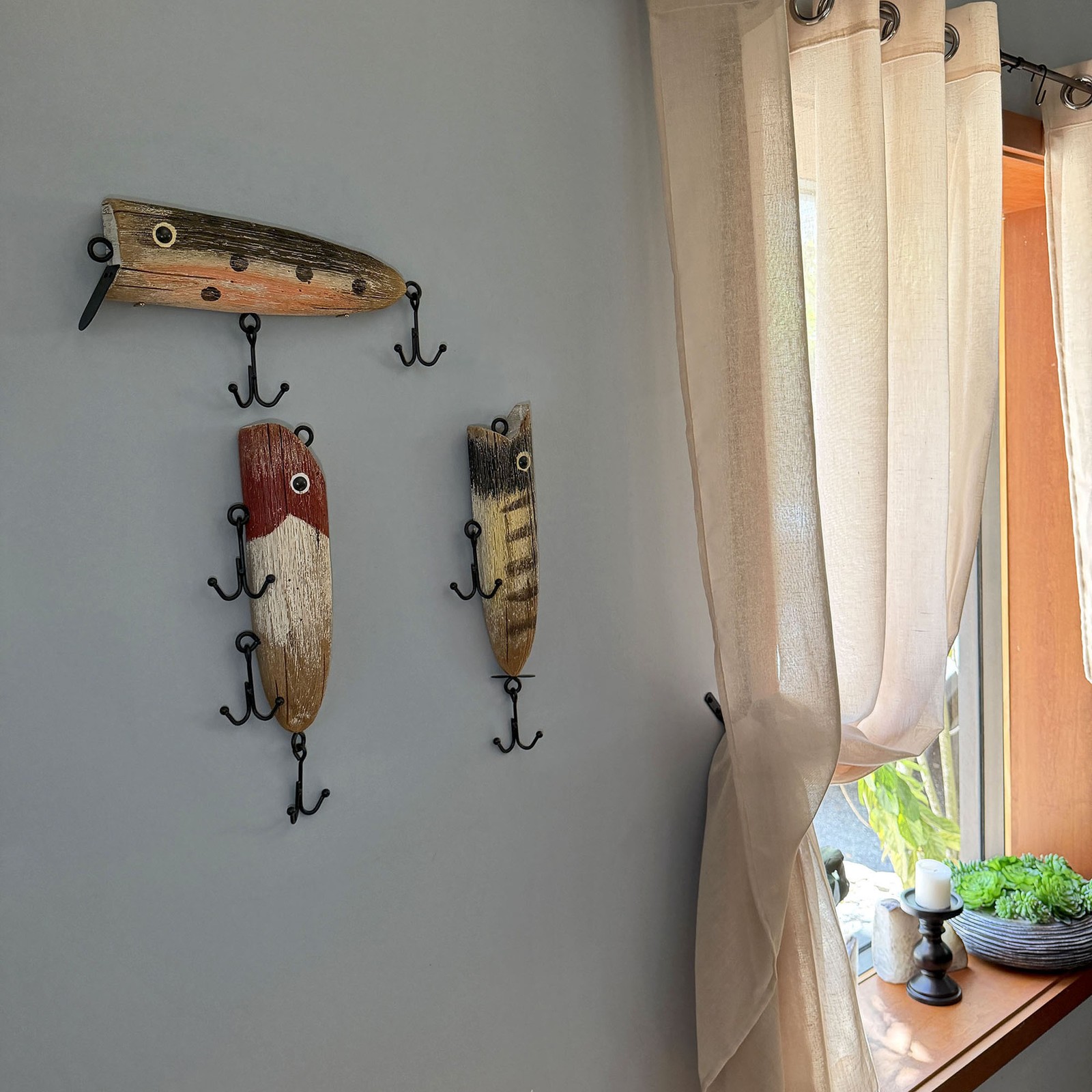 Fishing Lure Wall Hook Sculptures Set of 3 Vintage Wood Metal 13 in Decor