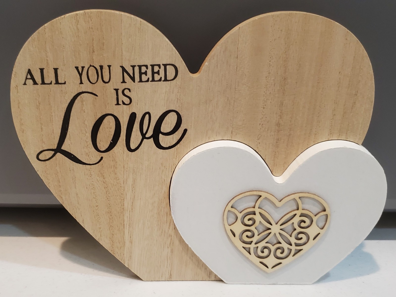ALL YOU NEED IS LOVE – white and natural standing hearts tabletop or shelf decor