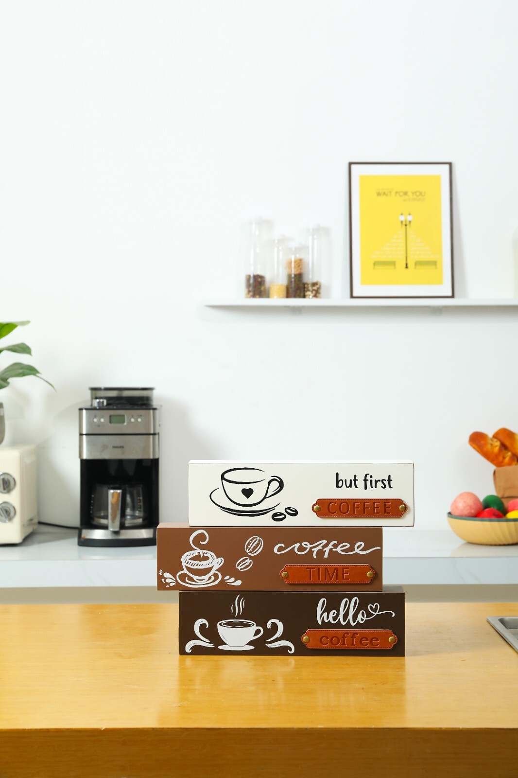 Coffee Bar Box Sign Countertop Decor Wooden Tabletop Signs14 x 3.9In beige