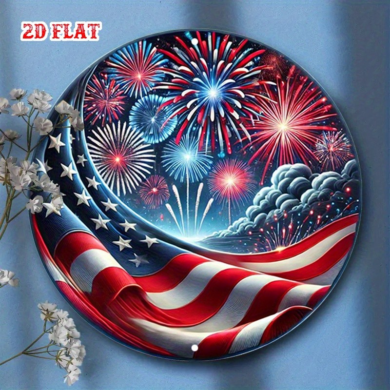 2D Flat Round Aluminum Metal Tin Sign Independence Day American Metal Wall Art♪