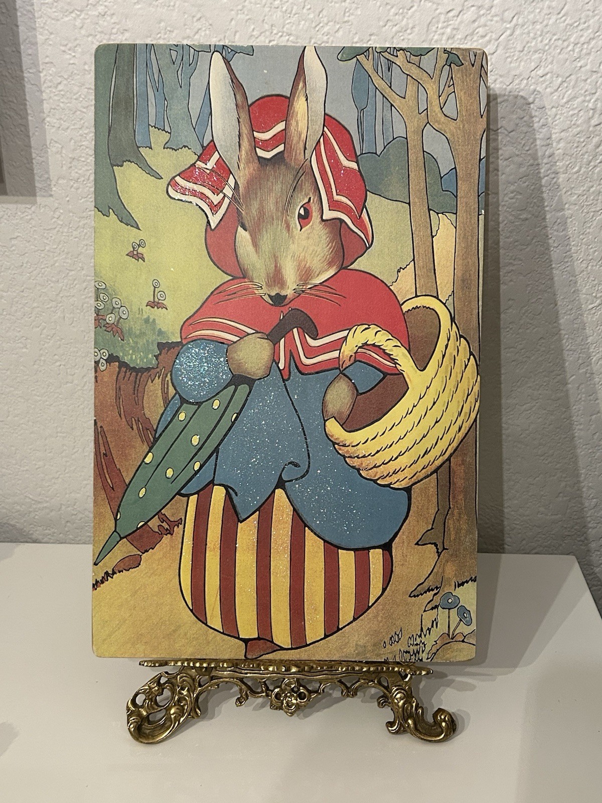 Vintage Moonlight & Roses Rabbit Storybook Boards Set of 4 Mica Glitter 11×16”