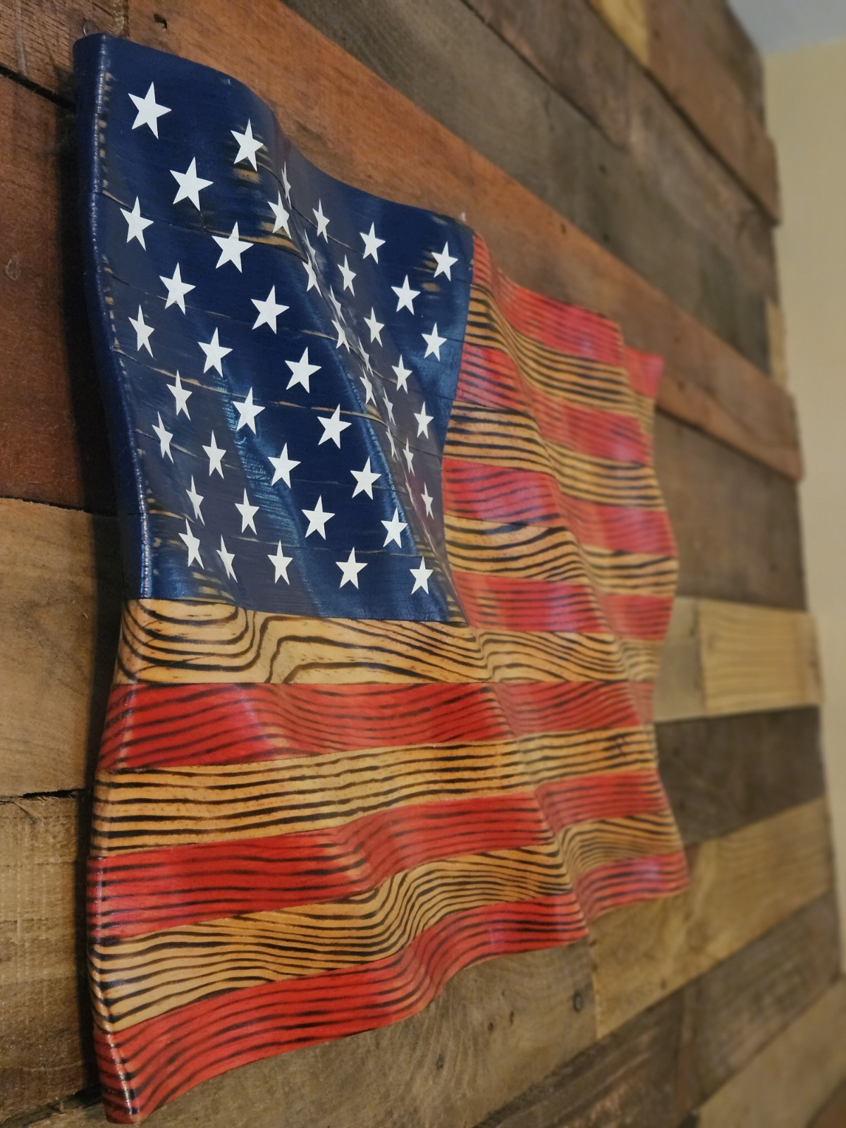 Handmade American Flag Rustic Wood Wall Plaque 3D Effect Ready To Hang 22×13.