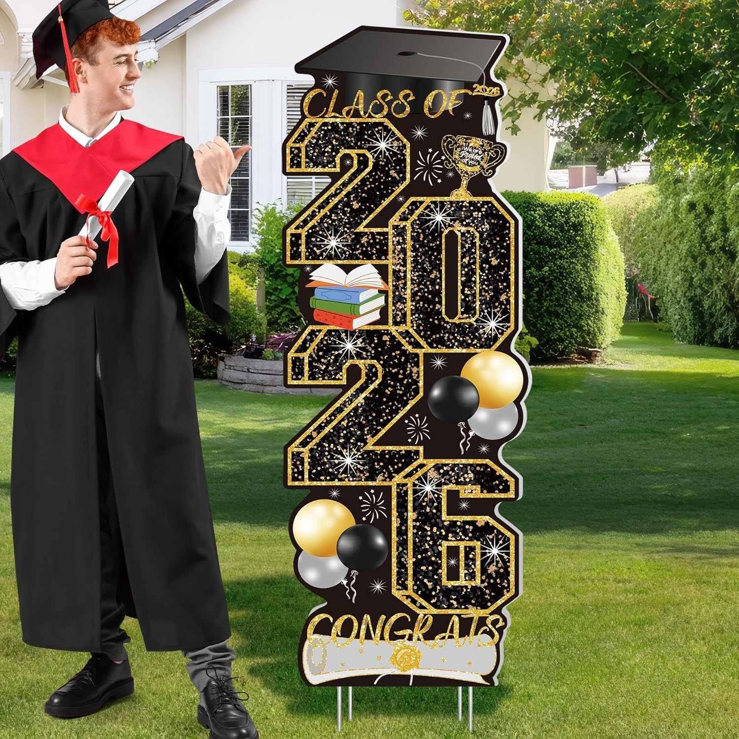 4 Pcs Graduation Yard Signs Class of 2026, Large Black Gold Congrats Grad Sig…