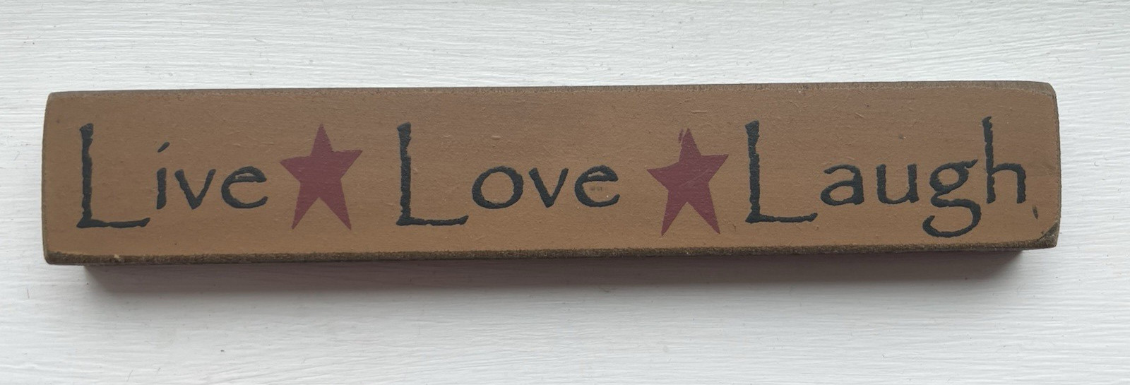 “Live Love Laugh”, Small Wooden Shelf Sign with Country Hearts, 6″ X 1″