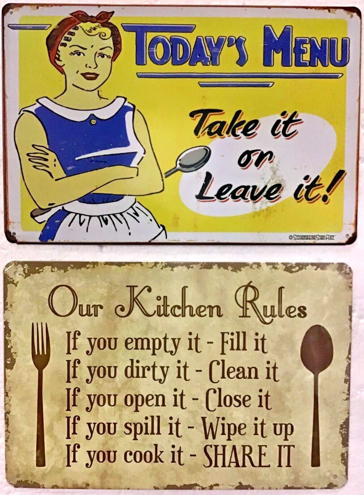 TWO 8×12 TIN SIGNS Funny kitchen rules dinner cooking meals family mom mother