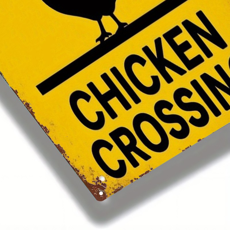 Metal Sign Yellow Black Rooster Warning Chicken Crossing