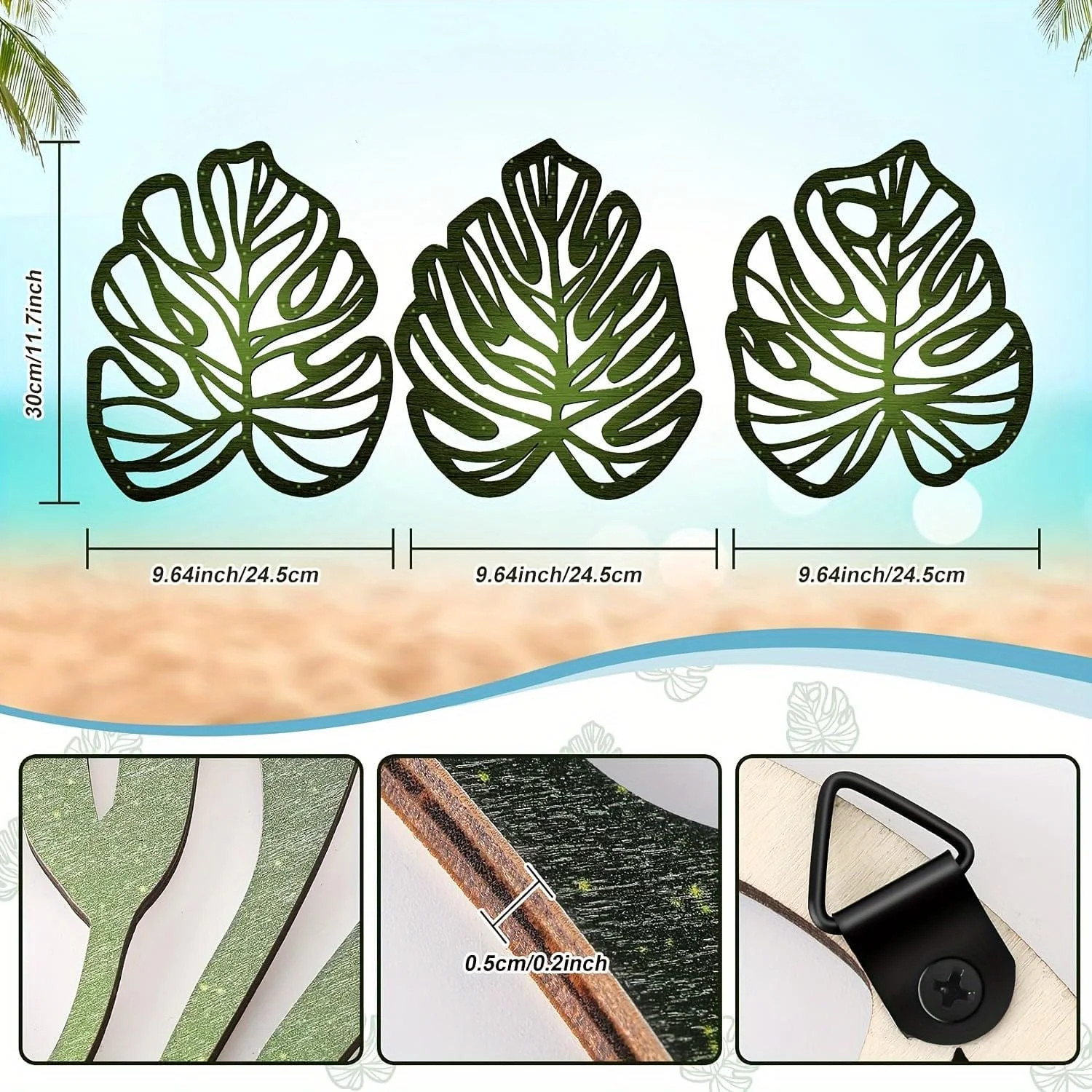 Palm Leaves Wood Wall Decor, 3Pcs Tropical Wall Art Jungle Decor, Wooden Natural