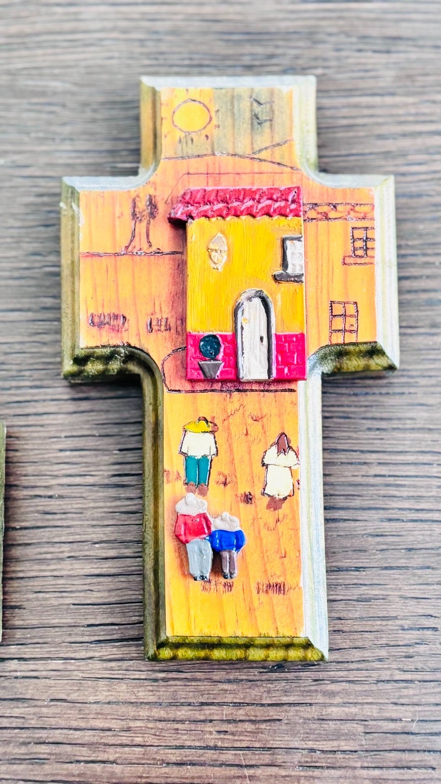 Handmade Peruvian Folk Art Wooden Cross Wall Hanging Set of 3 Village Scene