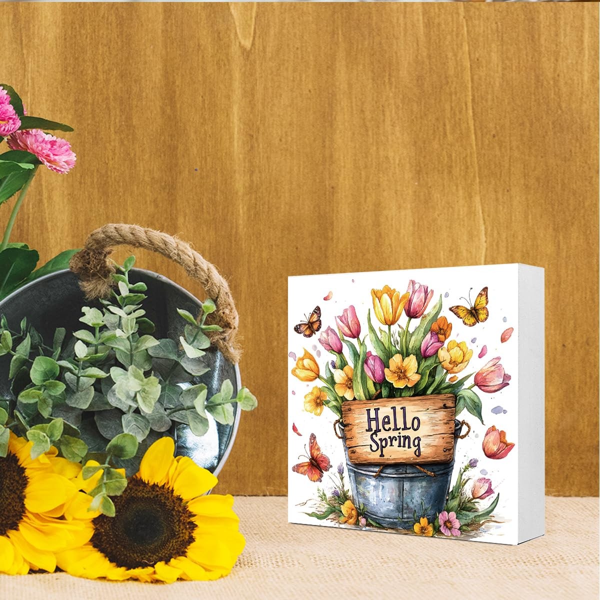 Spring Floral Wooden Box Sign, Hello Spring Rustic Wood Block Sign for Home K…