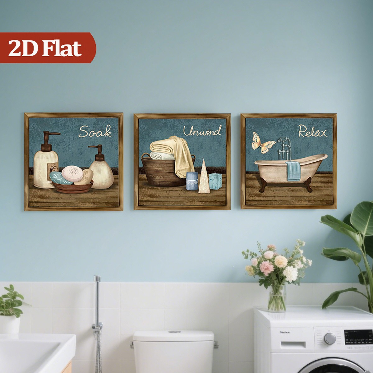 3Pcs Rustic “Relax Unwind Soak” Framed Wall Art Wooden Farmhouse Bathroom Decor