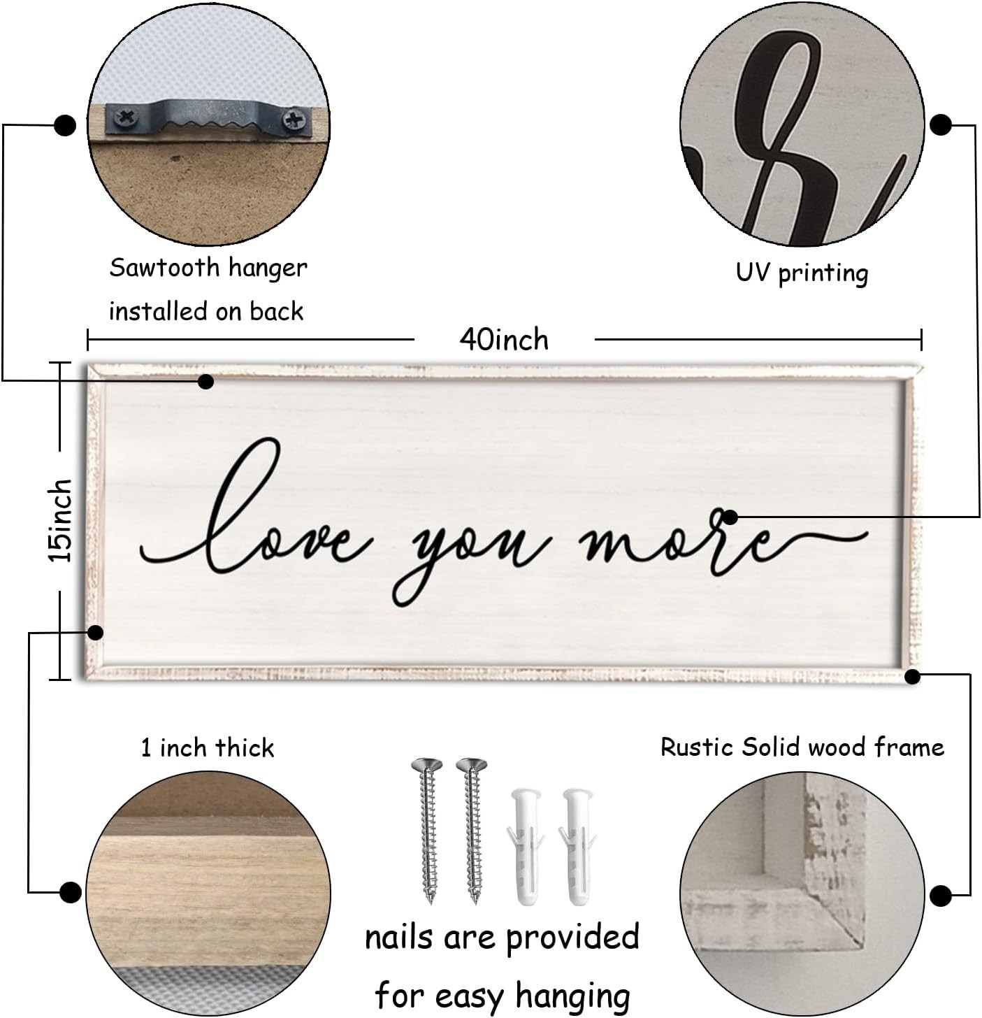 Charming Love You More Sign Decor 40”x15” Framed for Bedroom or Hallway