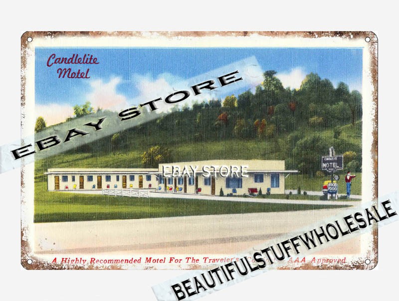 1930-45 Candlelite Motel, AAA approved Ohio tin sign garage themed room