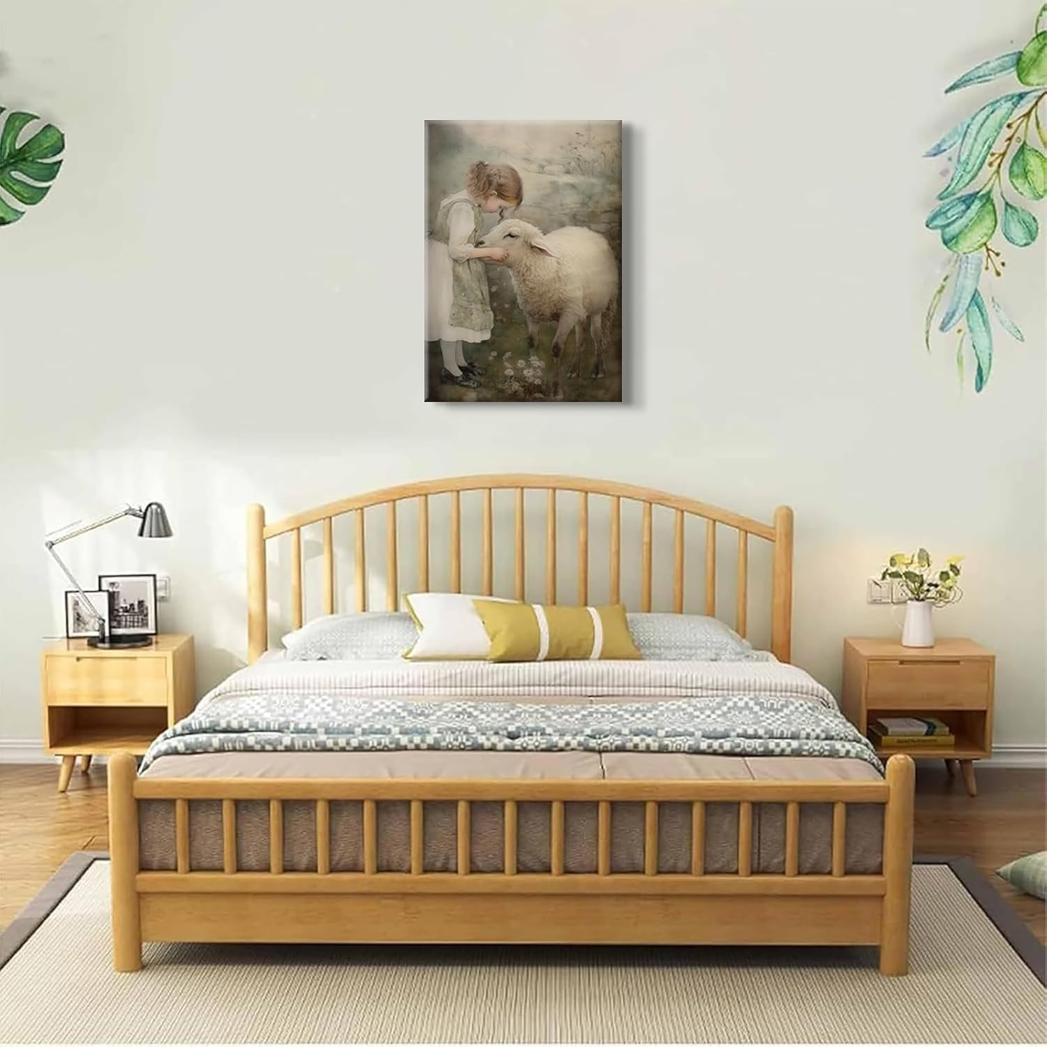 Shepherdess Wall Art Vintage Sheep Canvas Wall Decor Nordic Farmhouse Girl Lamb