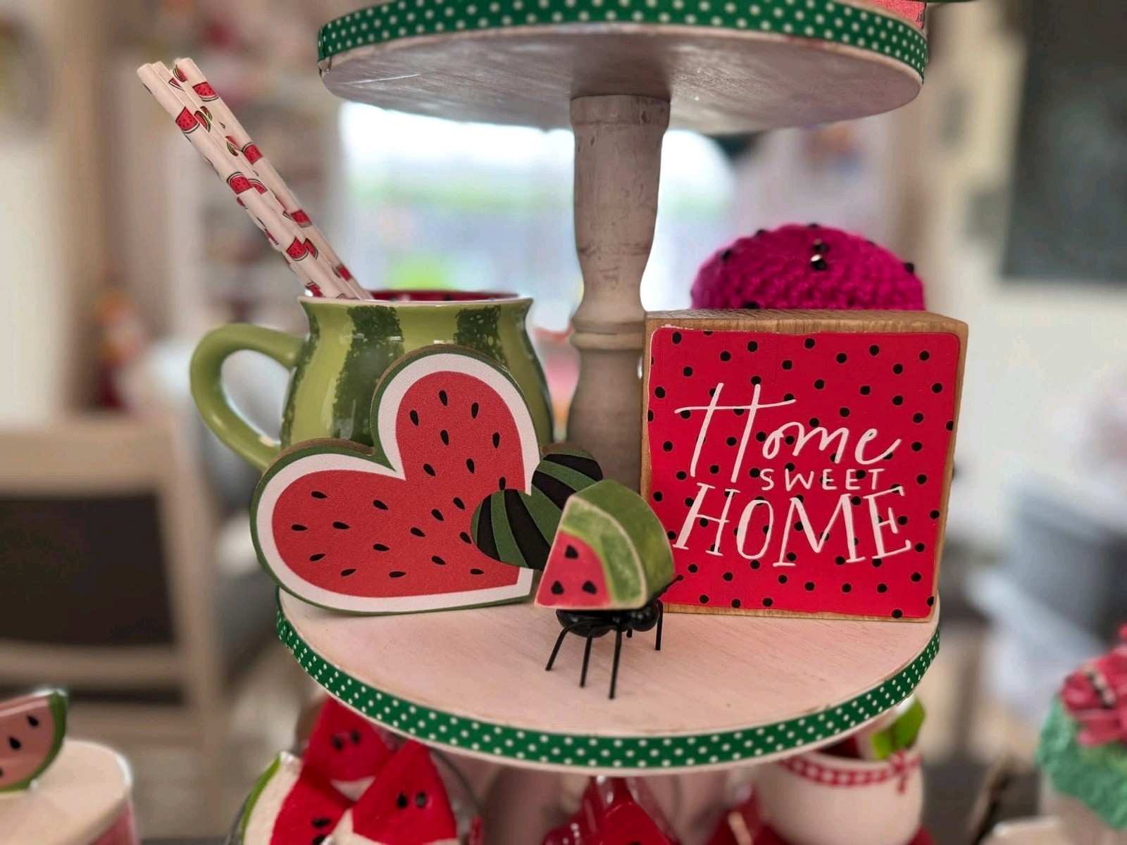 New*** “Home Sweet Home” Strawberry Watermelon Wood Sign Table Decor Ladybug Dot
