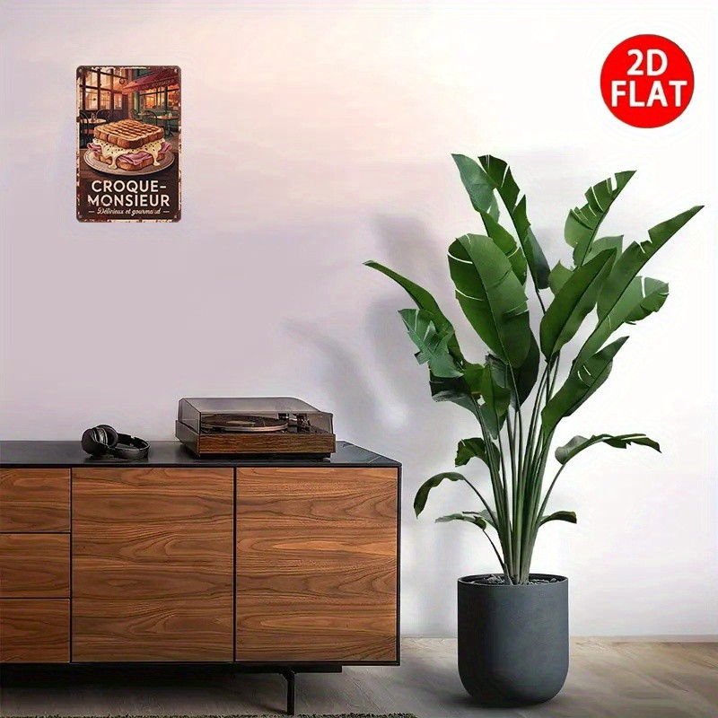 2D Flat Style, 1pc Vintage-Style “Paris Café Grilled Sandwich” Metal Wall Decor