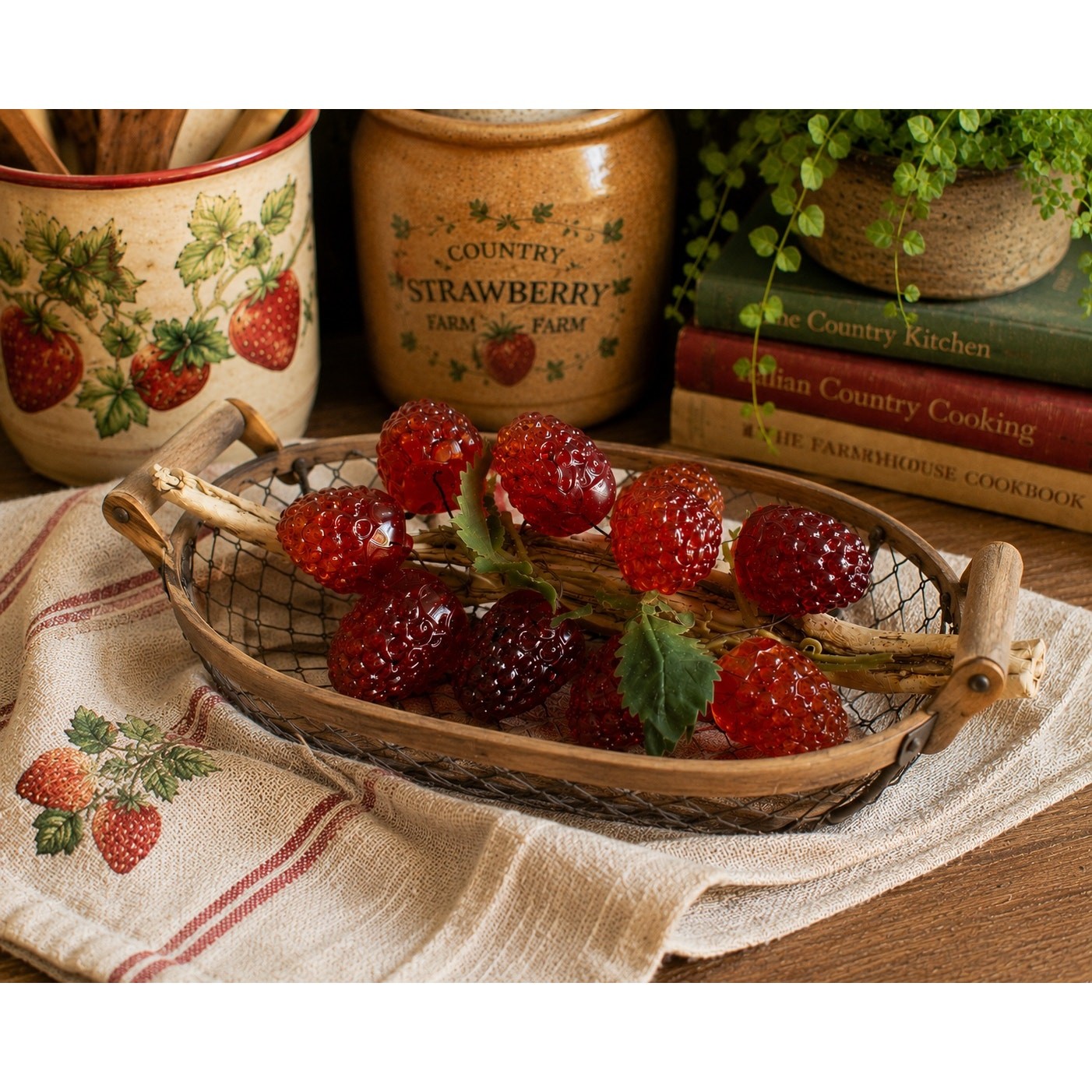 Vintage Faux Strawberry Branch 12 Red Acrylic Berries Rustic Cottage Decor