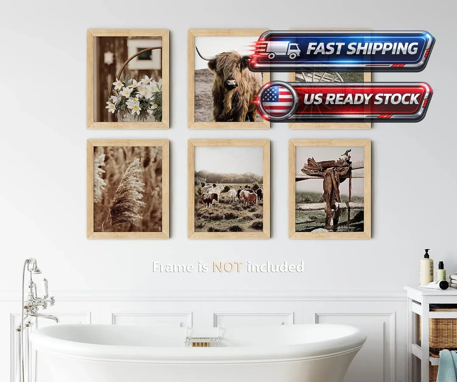 Highland Cow Bathroom Wall Art Prints, Rustic Decor, Unframed, 8X10 Inches, 9 Pc