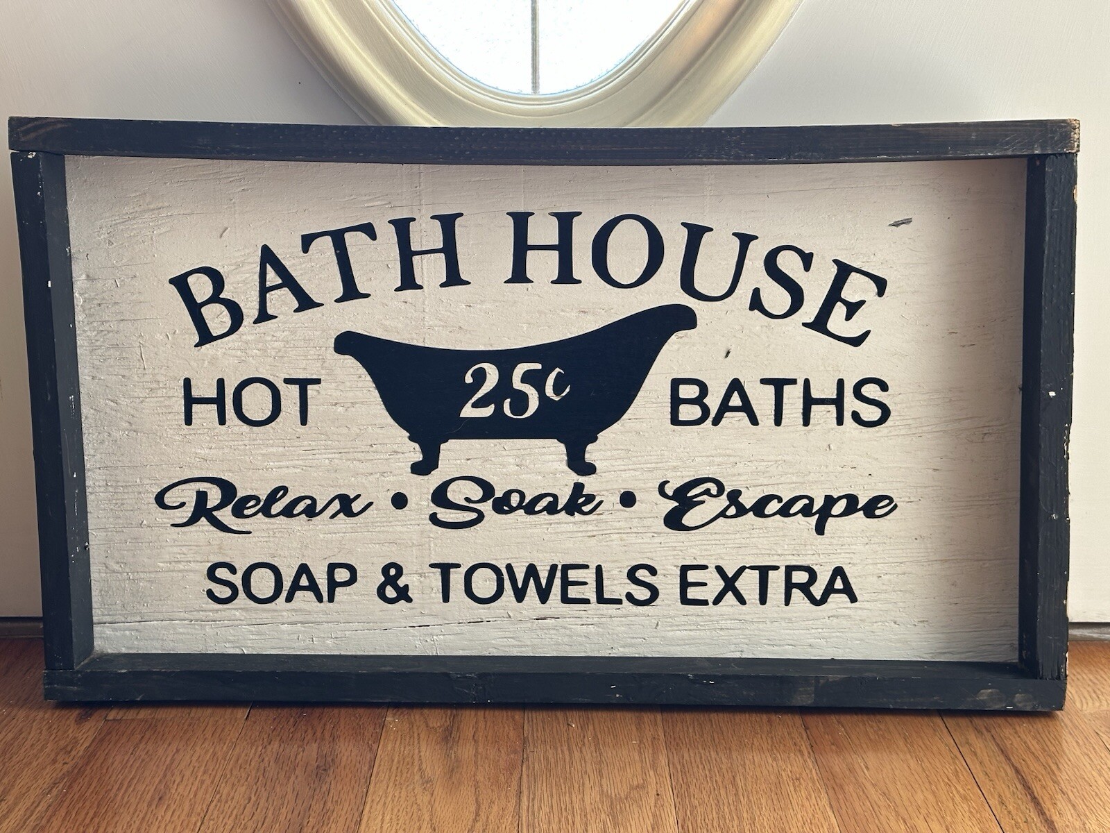 Bath House Sign Country Rustic Homemade Wooden Shelf Sitter Or Tray 24”x13.5”x2”