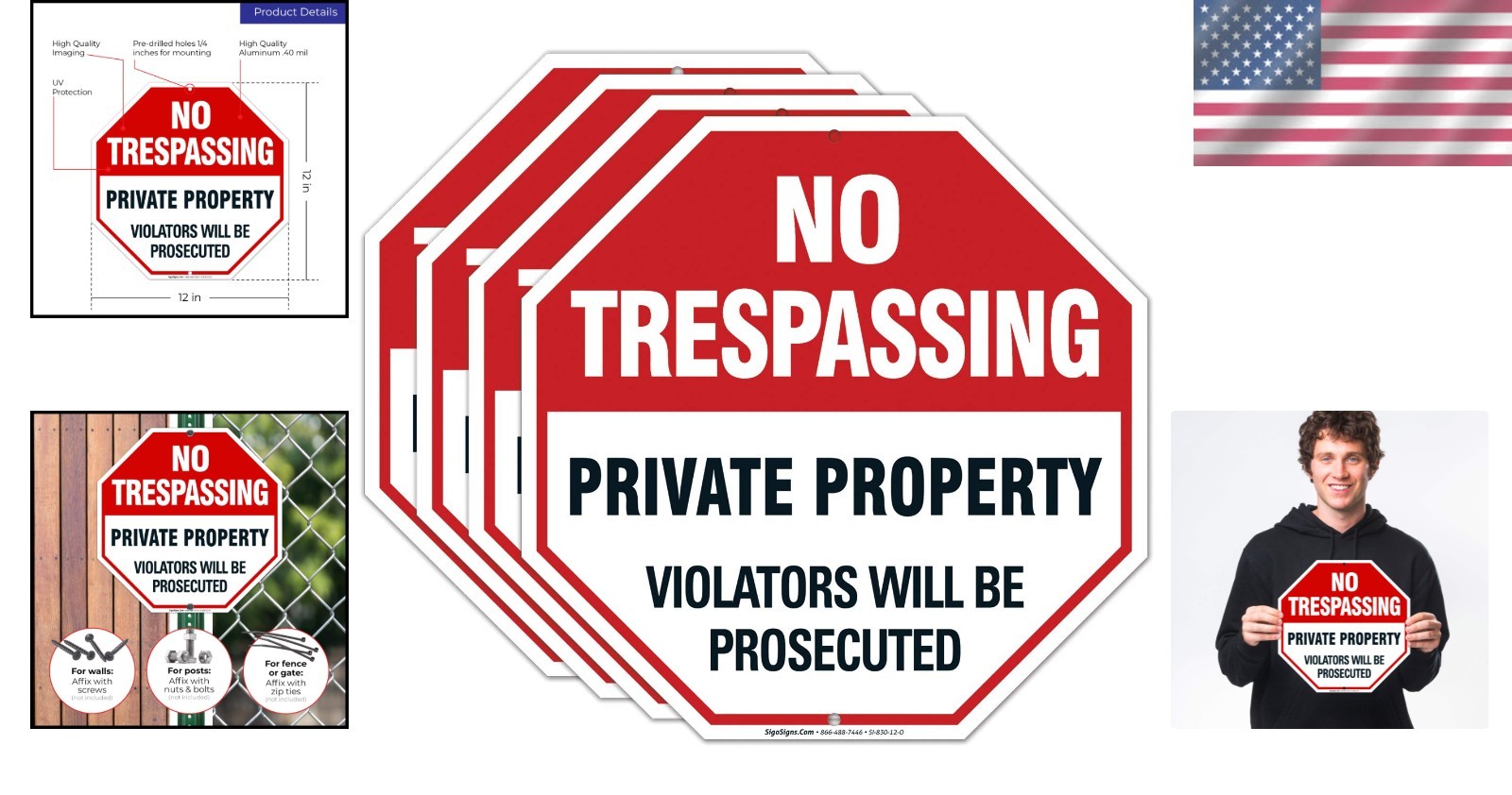 Durable 12×12 Aluminum No Trespassing Signs – 4 Pack for Secure Property Marking