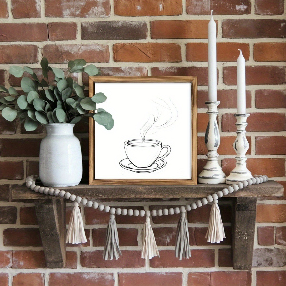 Rustic Coffee Cup Sketch Wooden Sign Minimalist Line Art Decor for Kitchen Cafe