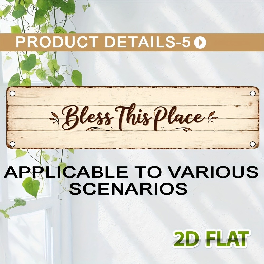 Retro Wood Grain Metal Sign Bless This Place Leaf Floral Print Entry Wall Decor