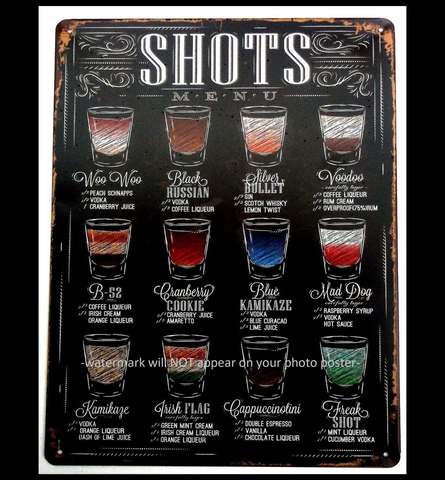 Bar Menu Shots Drinks PHOTO Sign Saloon 8×10 Tavern Mancave Liquor Whiskey PHOTO