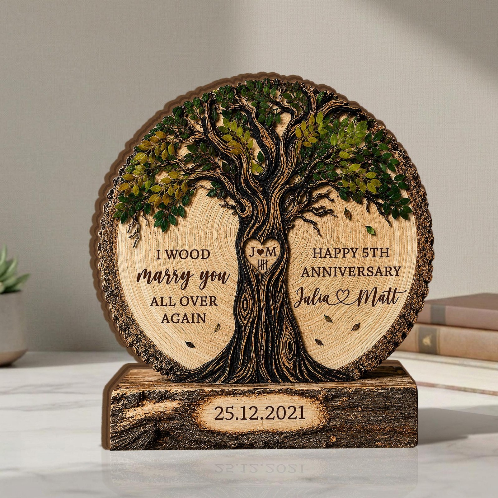 Personalized Couple Tree Wooden Block, Wood Anniversary Gift For Couples