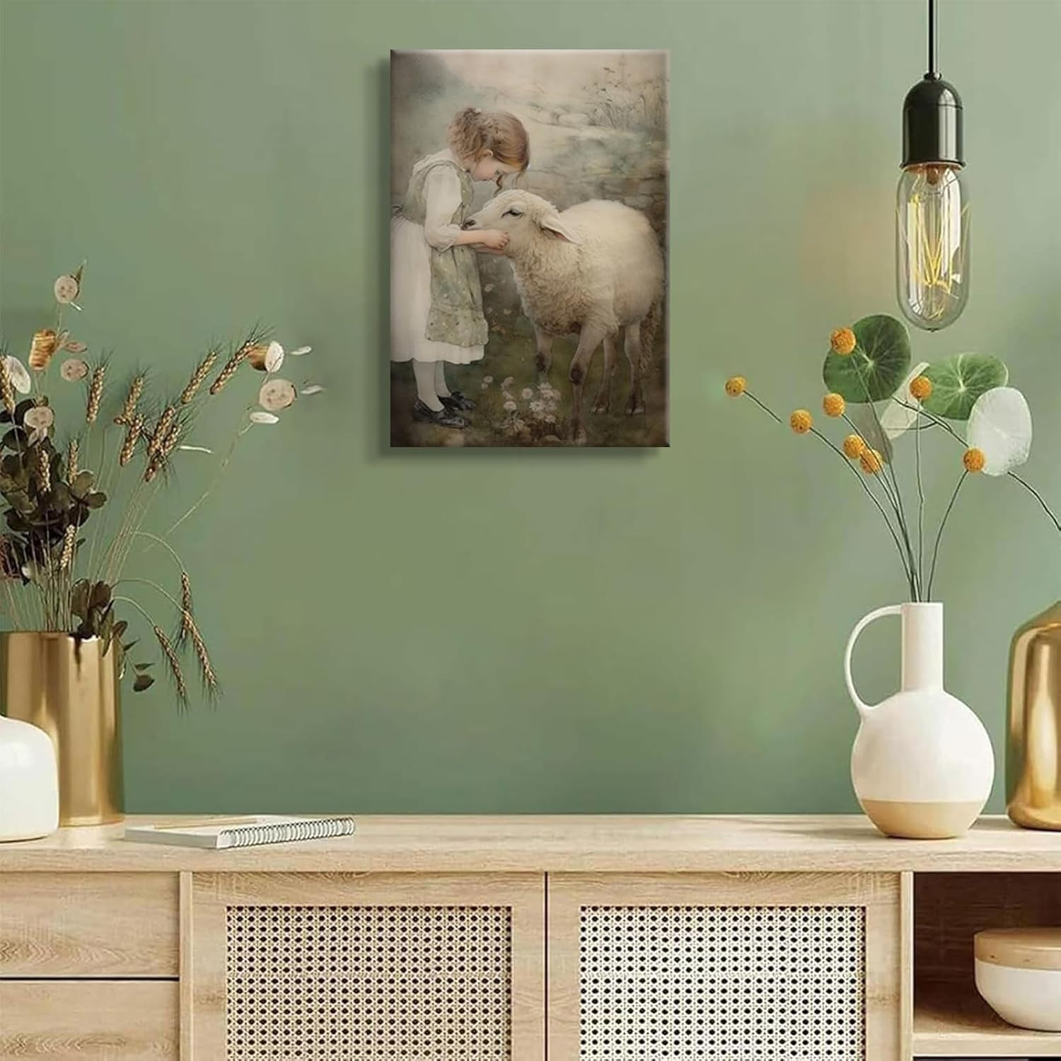 Shepherdess Wall Art Vintage Sheep Canvas Wall Decor Nordic Farmhouse Girl Lamb