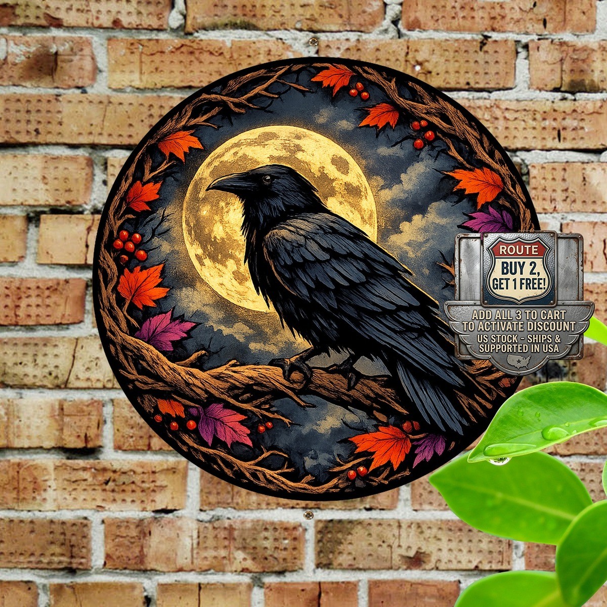Gothic Raven and Moon Metal Sign Black and Purple Mystic Wall Plaque 8×8