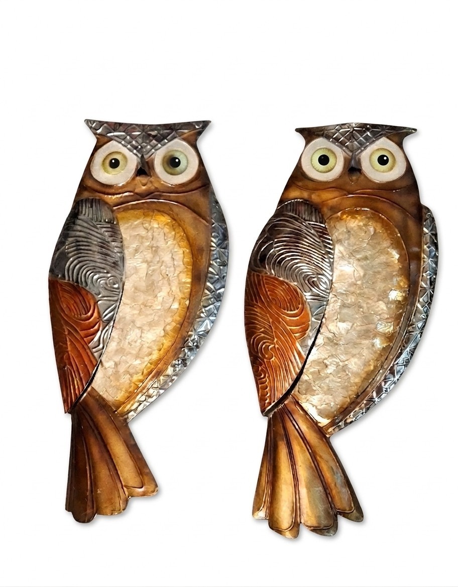 14″ Rustic Capiz Shell Owl Wall Decor Tin Metal Artwork Lightweight Set Of 2